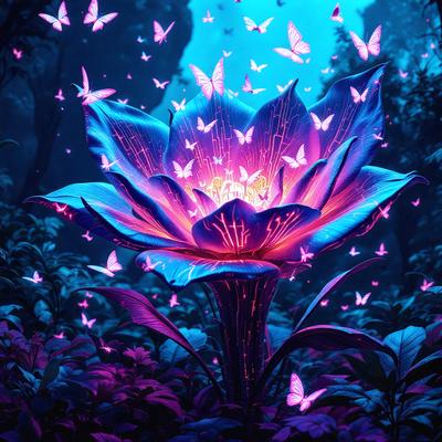 The primary subject of the image is a purple flower with a pink center, surrounded by a forest of purple butterflies. The setting is a forest, with the flower and butterflies as the main focus. The visual style is digital art, with the flower and butterflies depicted in a vibrant and colorful manner. The colors and mood of the image are predominantly purple and pink, creating a serene and peaceful atmosphere.